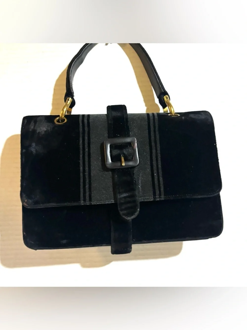 Vintage Black Velvet / leather Satchel with Gold Hardware